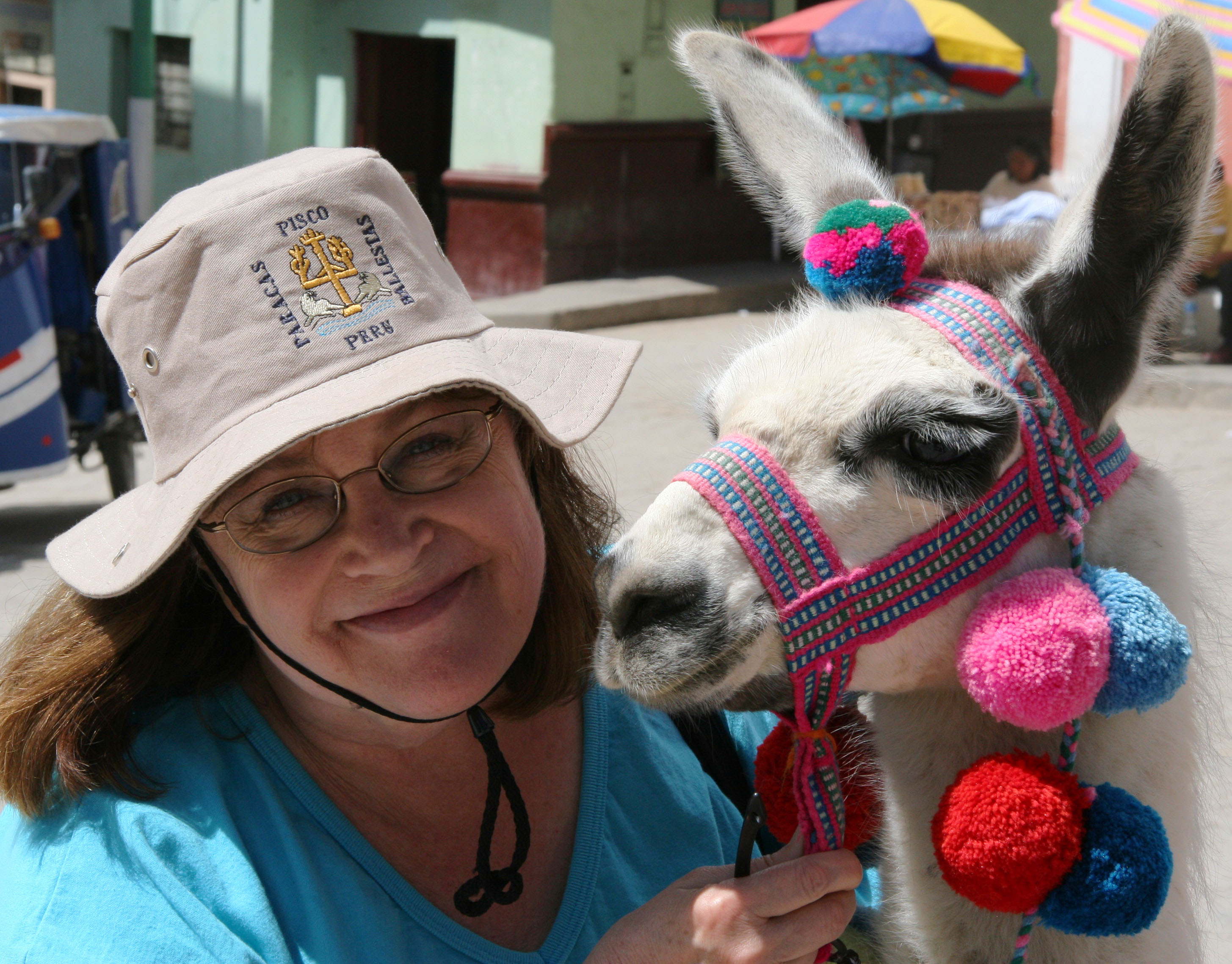 Karen with llama, smiling