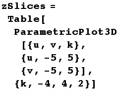 zSlices = Table[ParametricPlot3D[{u, v, k}, {u, -5, 5}, {v, -5, 5}], {k, -4, 4, 2}]
