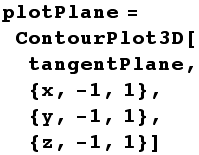 plotPlane = ContourPlot3D[tangentPlane, {x, -1, 1}, {y, -1, 1}, {z, -1, 1}]