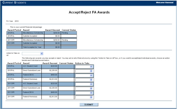 accept or Reject Awards Screen