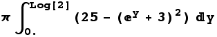 RowBox[{π, RowBox[{RowBox[{RowBox[{∫, _, 0.}], ^, Log[2]}], (25 - (^y + 3)^2) y}]}]