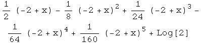 1/2 (-2 + x) - 1/8 (-2 + x)^2 + 1/24 (-2 + x)^3 - 1/64 (-2 + x)^4 + 1/160 (-2 + x)^5 + Log[2]