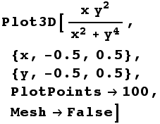 Plot3D[(x y^2)/(x^2 + y^4), {x, -0.5, 0.5}, {y, -0.5, 0.5}, PlotPoints100, MeshFalse]