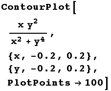 ContourPlot[(x y^2)/(x^2 + y^4), {x, -0.2, 0.2}, {y, -0.2, 0.2}, PlotPoints100]