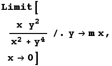 Limit[(x  y^2)/(x^2 + y^4)/.ym x, x0]