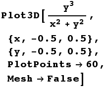 Plot3D[( y^3)/(x^2 + y^2), {x, -0.5, 0.5}, {y, -0.5, 0.5}, PlotPoints60, MeshFalse]