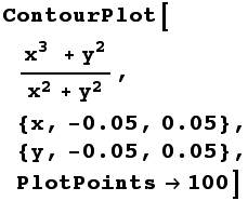 ContourPlot[(x^3 + y^2)/(x^2 + y^2), {x, -0.05, 0.05}, {y, -0.05, 0.05}, PlotPoints100]