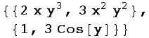 {{2 x y^3, 3 x^2 y^2}, {1, 3 Cos[y]}}