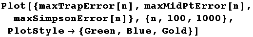 Plot[{maxTrapError[n], maxMidPtError[n], maxSimpsonError[n]}, {n, 100, 1000}, PlotStyle {Green, Blue, Gold}]