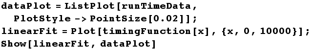 RowBox[{RowBox[{dataPlot, =, RowBox[{ListPlot, [, RowBox[{runTimeData, ,, RowBox[{PlotStyle, - ... }]}], ]}]}], ;, linearFit = Plot[timingFunction[x], {x, 0, 10000}], ;, Show[linearFit, dataPlot]}]