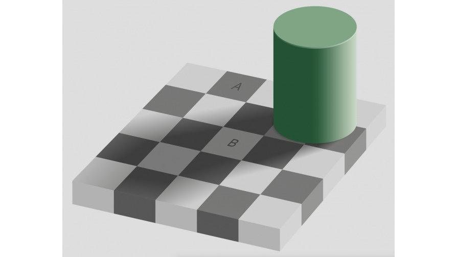 A cylinder casts a shadow over a checkerboard surface.