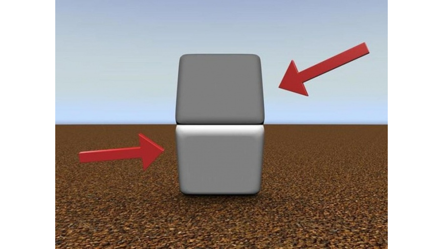 View of a cube head-on, with the horizon aligned with the shared edge of the two visible sides.