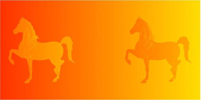 Two orange horses on a background that fades from light orange to dark orange.