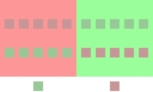 An array of pink, green and gray squares on a background that is half pink and half green.