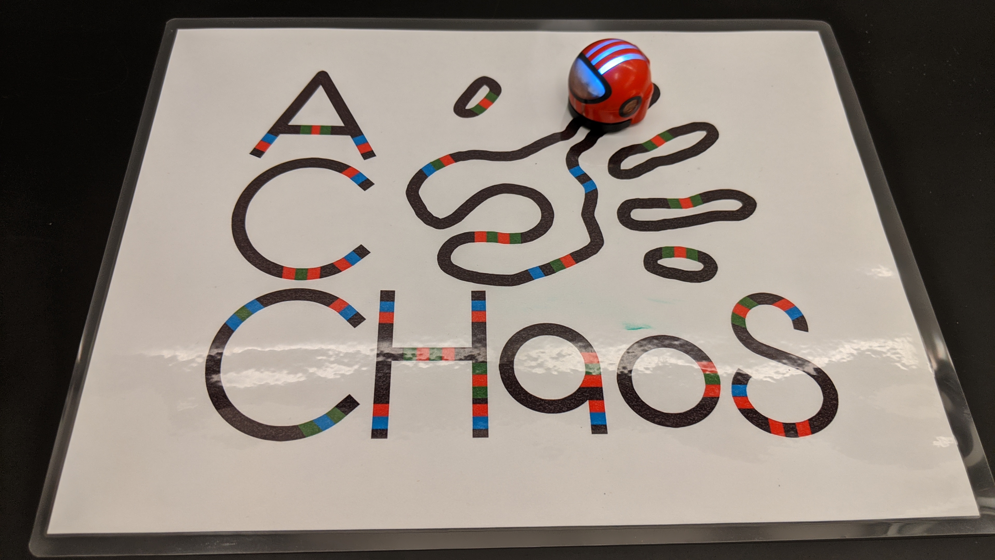 A small spherical robot moves along a picture of the ACCHaoS logo