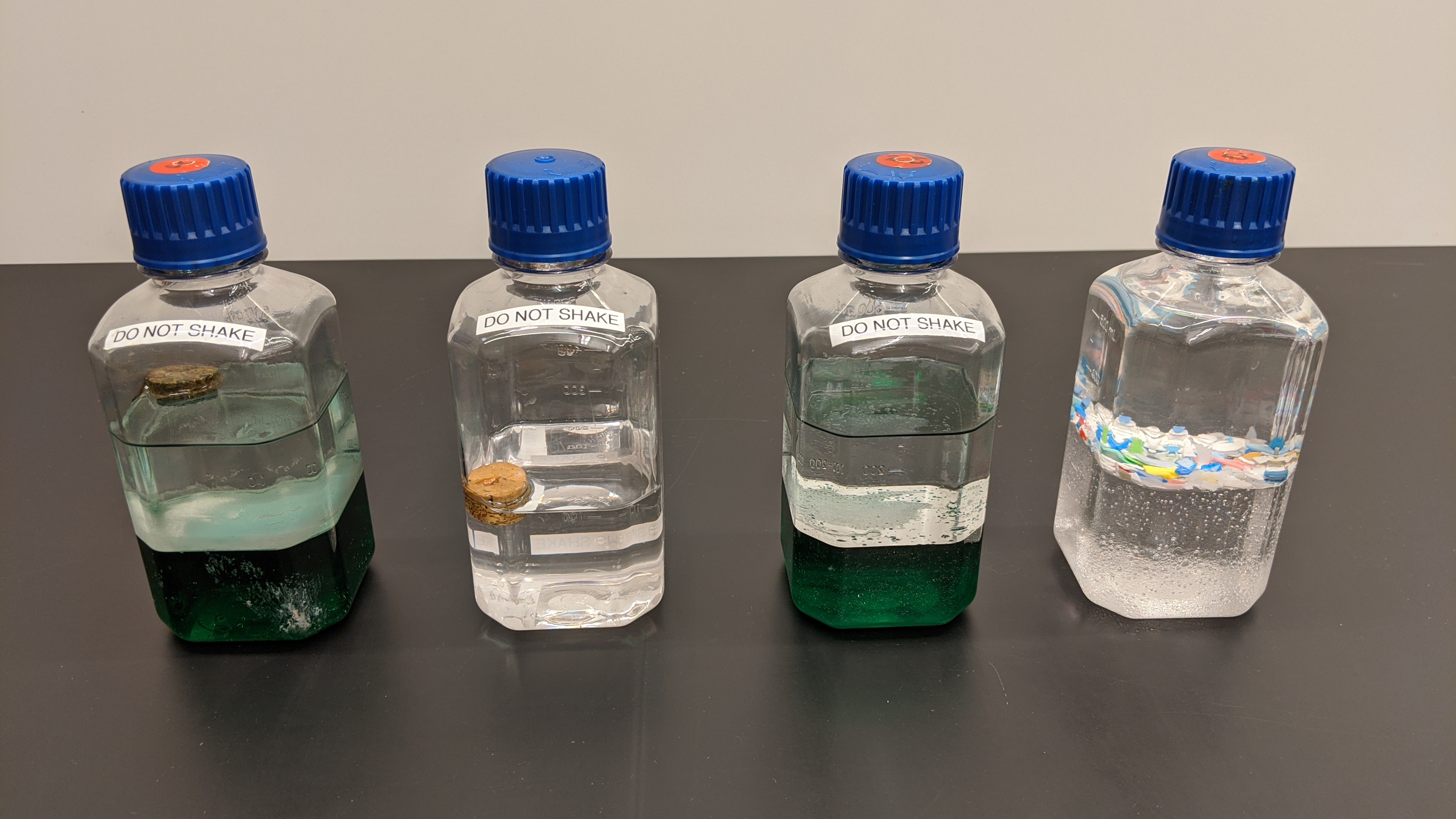 Bottles filled with fluids of different densities