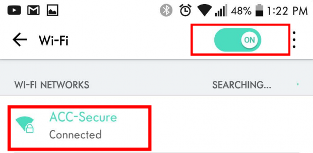Tap Wi-FI and in the list of network, select “ACC-Secure” if it is not connected, and click on “Connect”