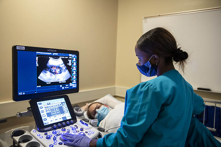 A student users a ultrasound machine.