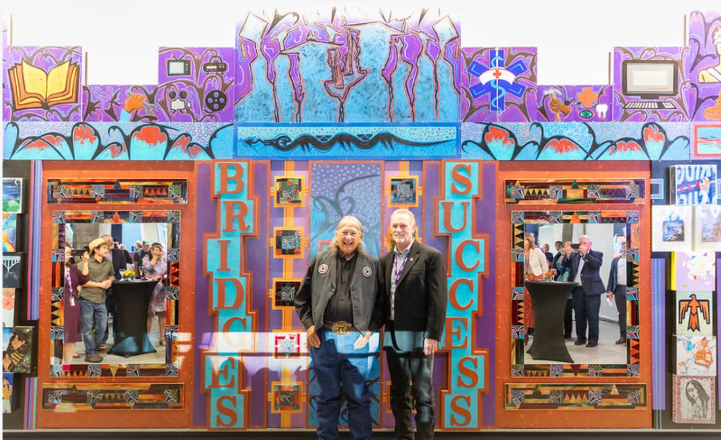Amado Pena and Dr. Richard Rhodes in front of Bridges to Success Mural