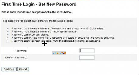 Screenshot of the ACCeID first time login set new password interface.