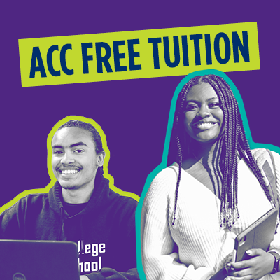 Two students smiling, free tuition graphic