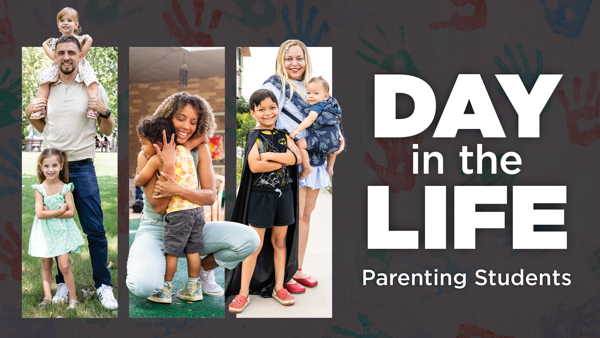 Three sets of families -- a dad with two daughters, a mom with her son, and a mom with her two sons, are featured in a program Day in the Life Parenting Students by ACCTV