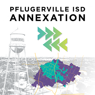 Austin Community College | Austin Community College District An illustration of the city of Pflugerville water town with a map of the ACC District superimposed over it, plus green chevrons beneath the words Pflugerville ISD Annexation