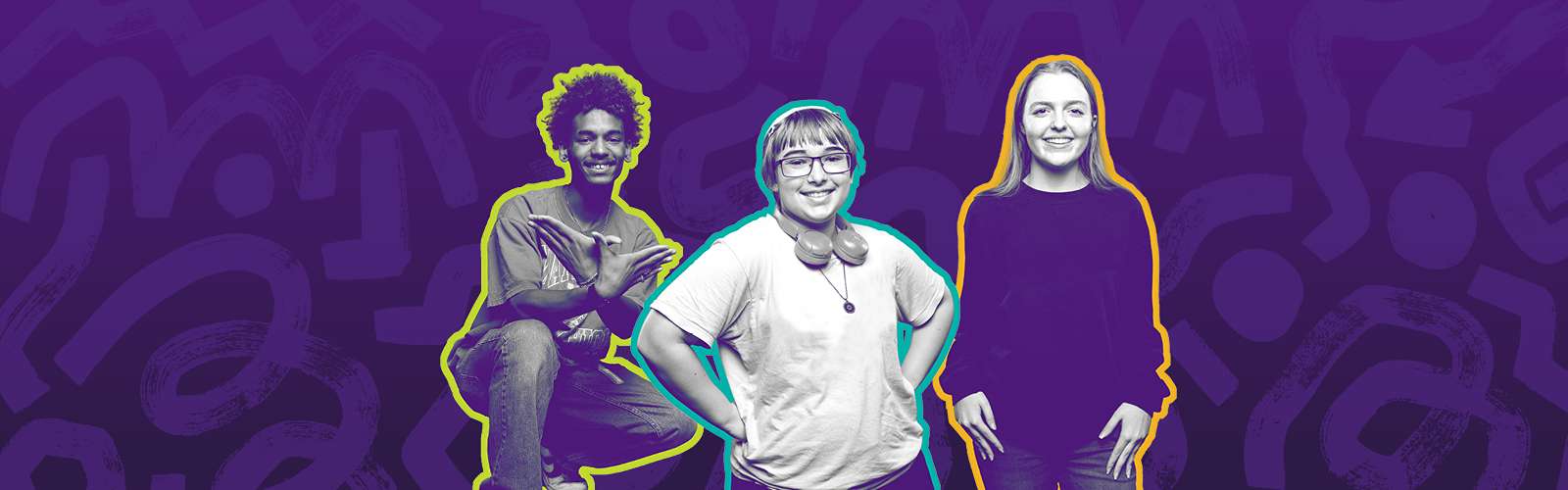 ACC Free Tuition | Austin Community College District A group of three ACC students pose in front of a striking purple backdrop, showcasing a friendly and lively atmosphere.