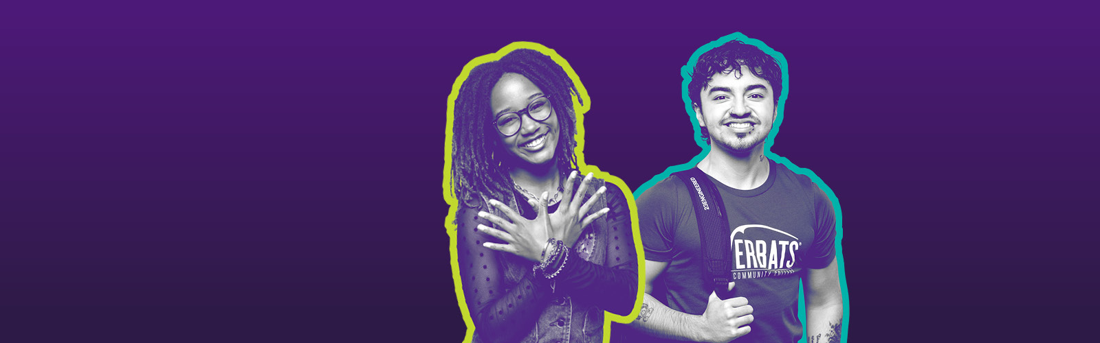 ACC Free Tuition | Austin Community College District Two ACC students standing side by side against a vibrant purple background.
