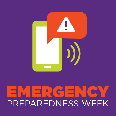 An illustration of a cellphone with an alert symbol on a purple background, over the words Emergency Preparedness Week
