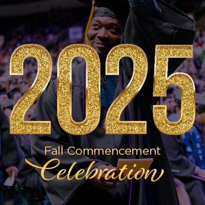 Austin Community College | Austin Community College District gold text over a purple background showing a smiling graduate. Text reads 2025 Fall Commencement Celebration