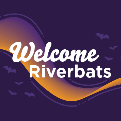 The message Welcome Riverbats displayed over a background with purple and gold and flying bats