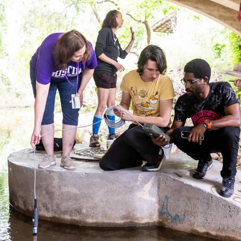 Group of people working on a project outdoors.