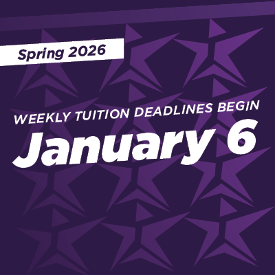 A graphic of the ACC Highland purple stars with the words Spring 2026 Weekly Tuition Deadlines begin January 6