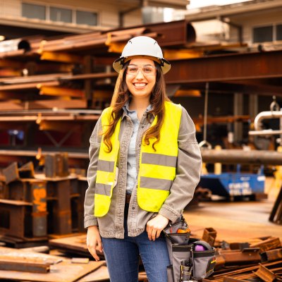 Austin Community College | Austin Community College District A young woman wearing a white hard hat, safety goggles, and a yellow hi-vis vest stands in front of a construction site.