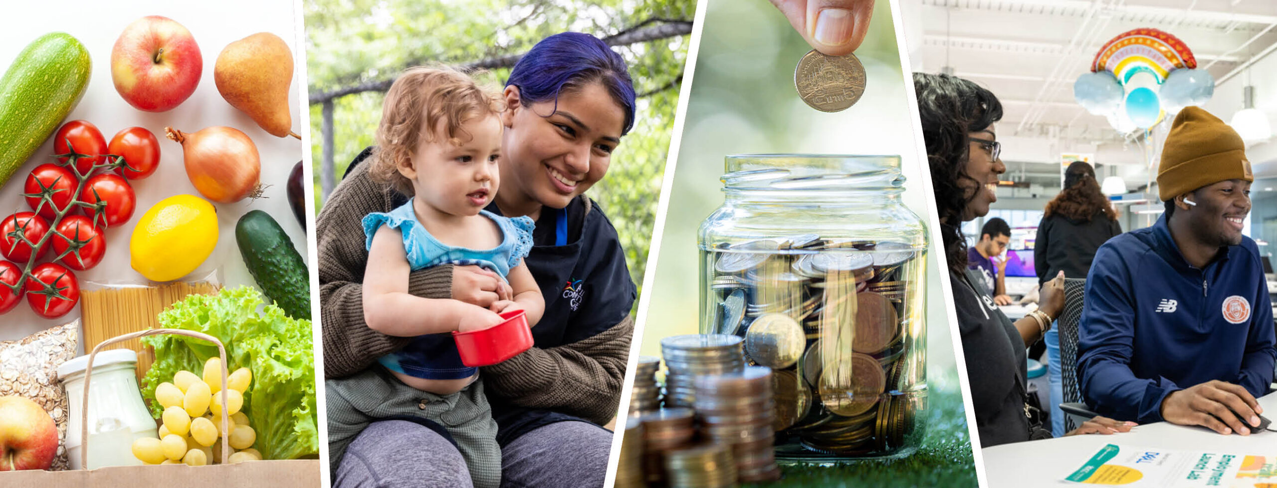 A dynamic collage showcasing a variety of people engaged in delightful culinary experiences with an assortment of foods, a woman caring for a child, and a a person saving coins in a jar.